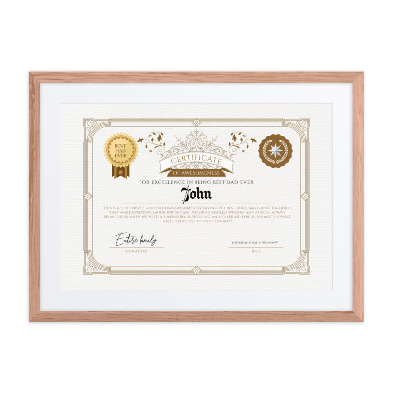 Best Dad Ever Certificate John – Custom Framed Gift For Dad